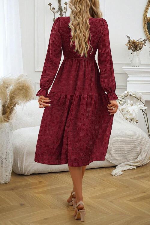 Round Neck Velvet Smocked Flounce Sleeve Dress - Body By J'ne