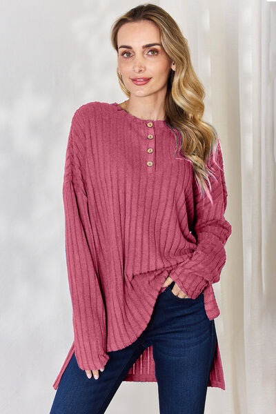 Full Size Ribbed Half Button Long Sleeve High-Low T-Shirt - Body By J'ne