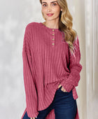 Full Size Ribbed Half Button Long Sleeve High-Low T-Shirt - Body By J'ne