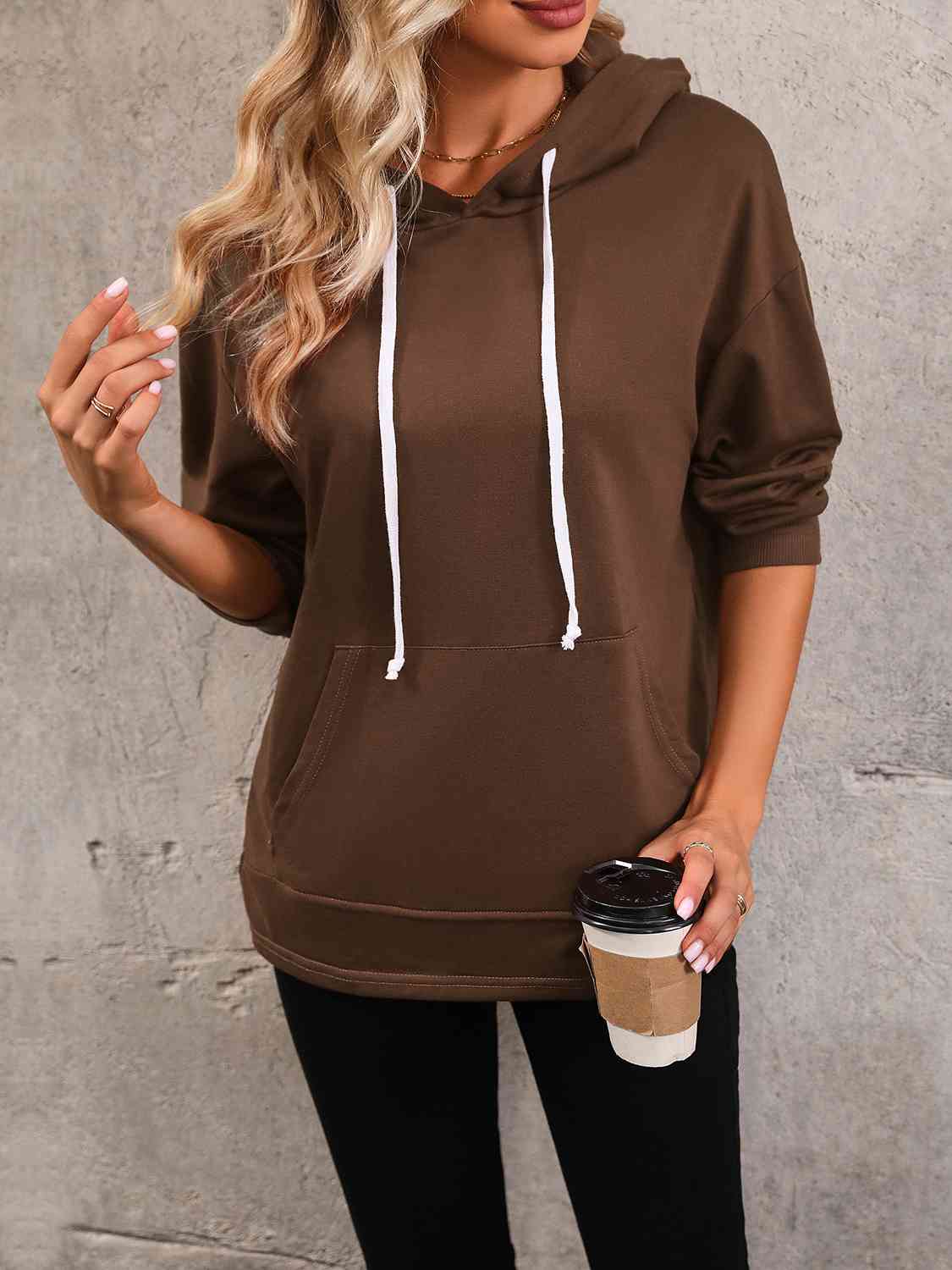 Drawstring Slit Hoodie with Pocket - Body By J'ne