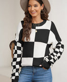 Plaid Round Neck Dropped Shoulder Sweater - Body By J'ne