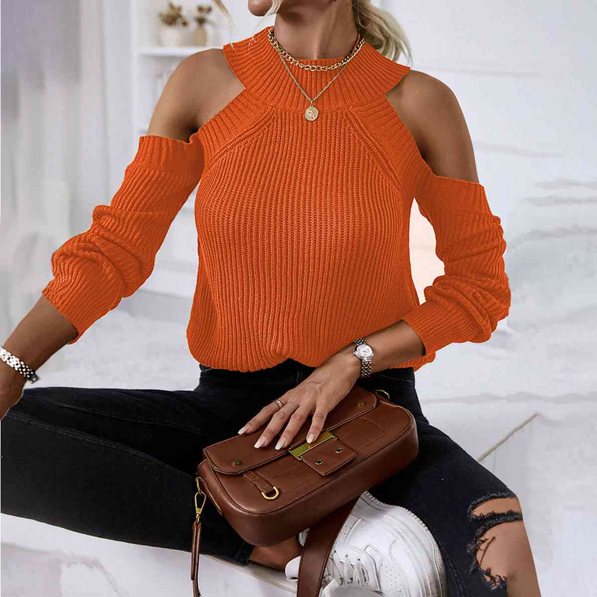 Round Neck Cold-Shoulder Sweater - Body By J'ne