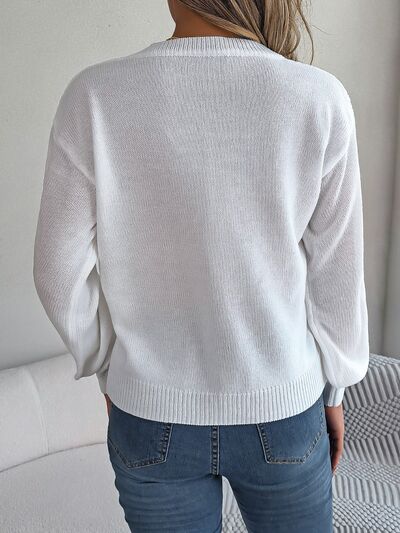 Cable-Knit V-Neck Lantern Sleeve Sweater - Body By J'ne