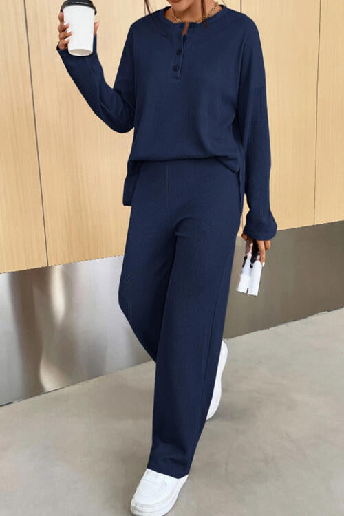 Ribbed Half Button Top and Pants Set - Body By J'ne