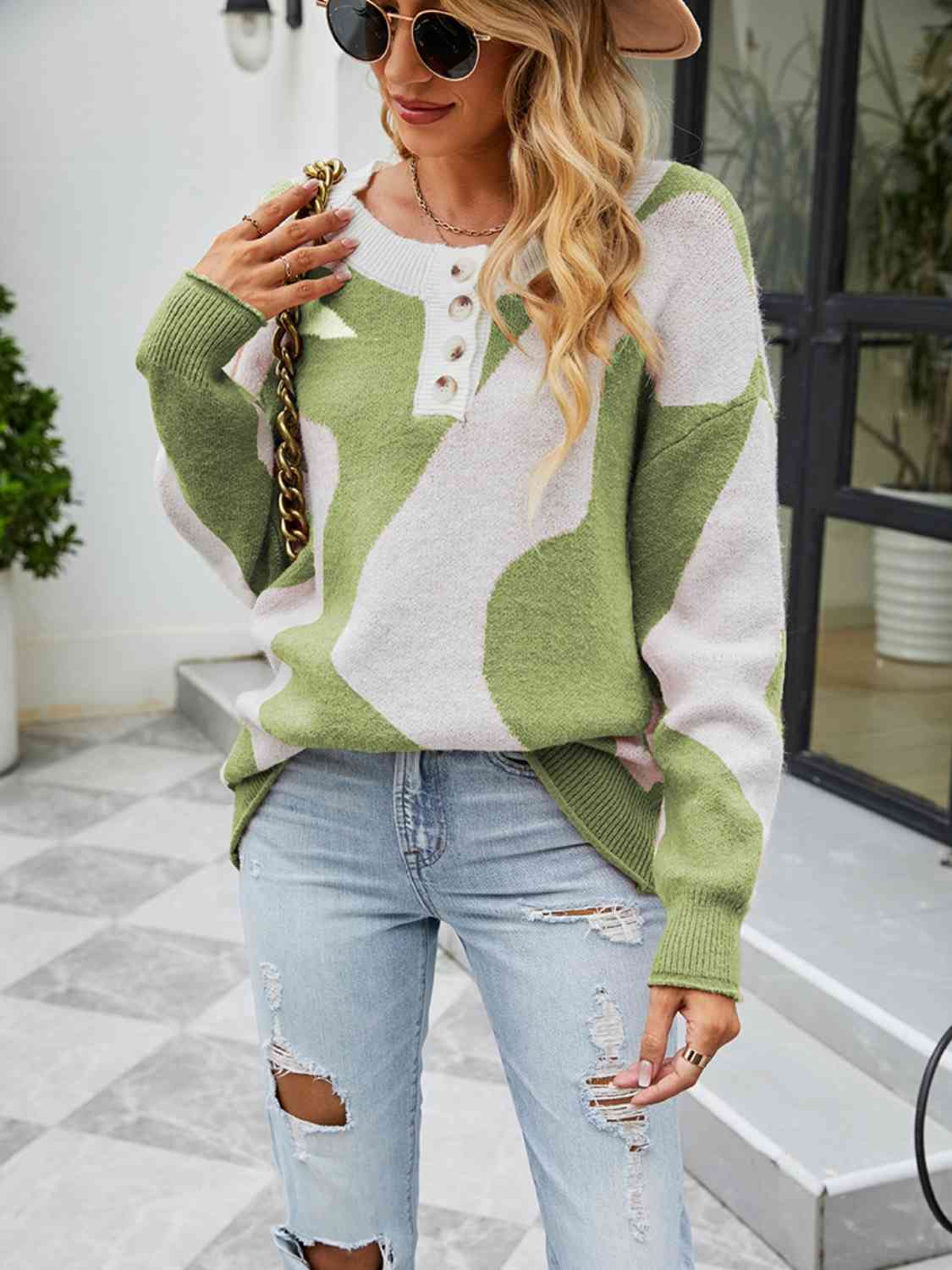 Buttoned Round Neck Drop Shoulder Sweater - Body By J'ne