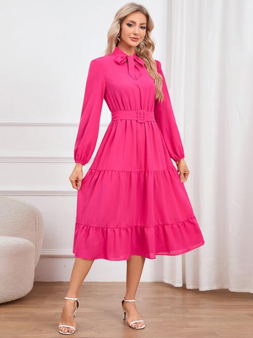 Tie Neck Long Sleeve Tiered Dress - Body By J'ne