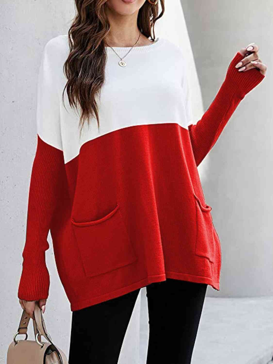 Two Tone Pullover Sweater with Pockets - Body By J'ne