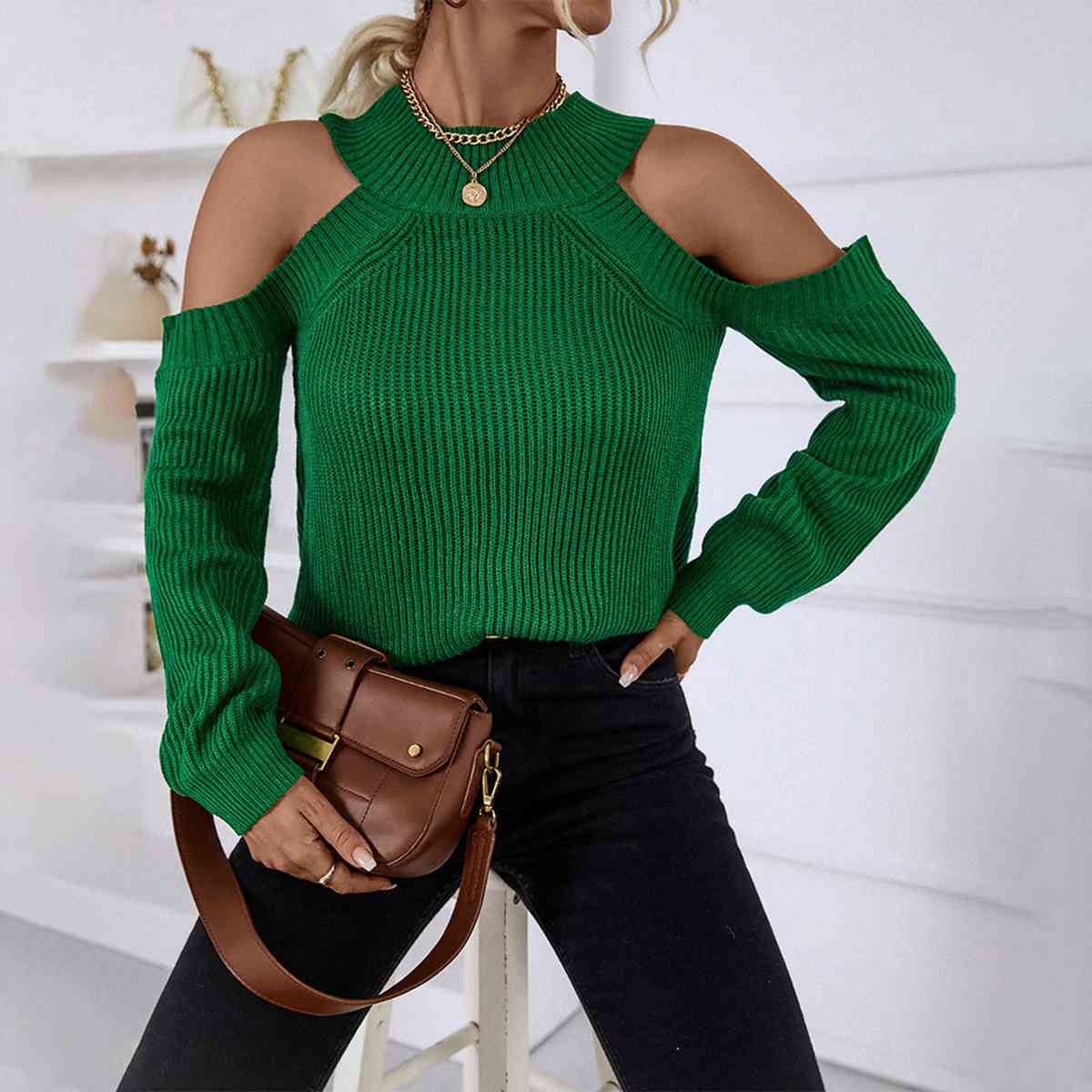 Round Neck Cold-Shoulder Sweater - Body By J'ne