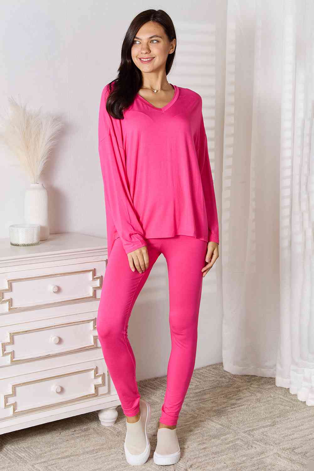 Full Size V-Neck Soft Rayon Long Sleeve Top and Pants Lounge Set - Body By J'ne