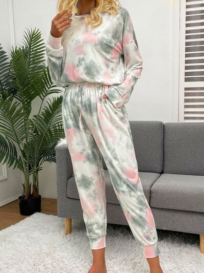 Tie-Dye Round Neck Top and Drawstring Pants Lounge Set - Body By J'ne