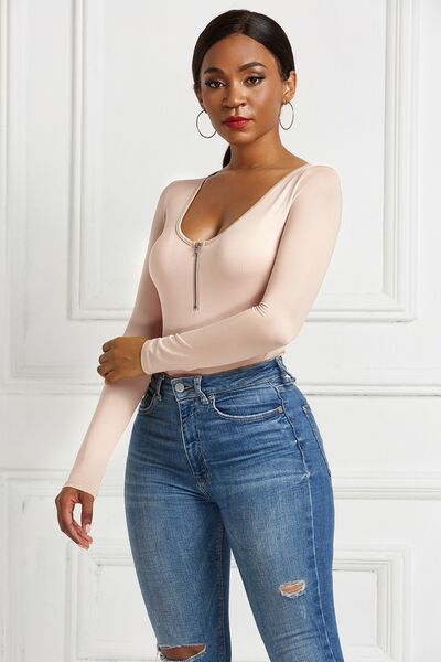 Half Zip Scoop Neck Long Sleeve Bodysuit - Body By J'ne