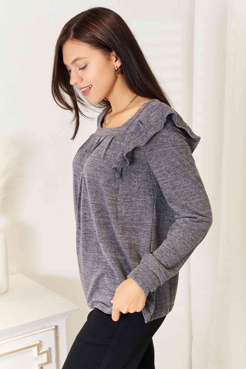 Square Neck Ruffle Shoulder Long Sleeve T-Shirt - Body By J'ne