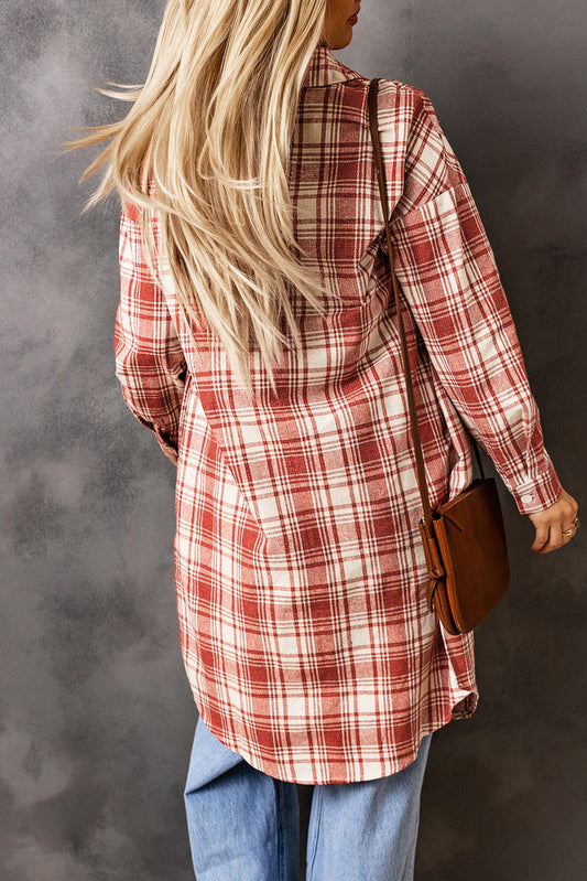 Plaid Button-Up Longline Shacket with Breast Pockets - Body By J'ne