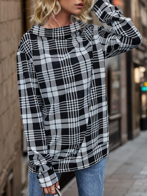 Plaid Mock Neck Long Sleeve Hoodie - Body By J'ne