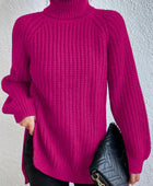 Full Size Turtleneck Rib-Knit Slit Sweater - Body By J'ne