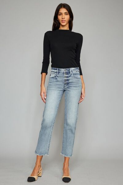 Kancan High Waist Button Fly Raw Hem Cropped Straight Jeans - Body By J'ne