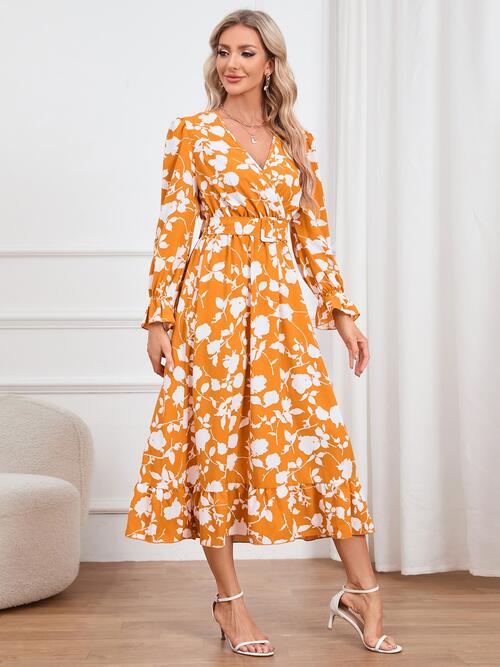 Floral Surplice Flounce Sleeve Ruffle Hem Dress - Body By J'ne