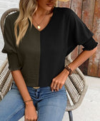 Contrast V-Neck Lantern Sleeve Blouse - Body By J'ne