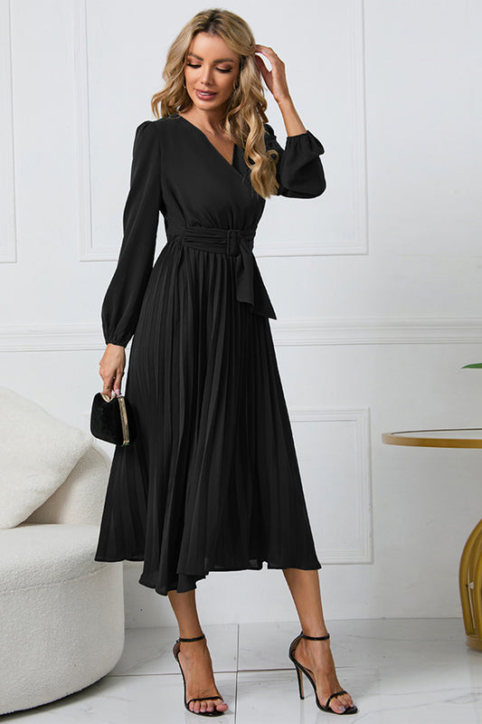 V-Neck Long Sleeve Tie Waist Midi Dress - Body By J'ne