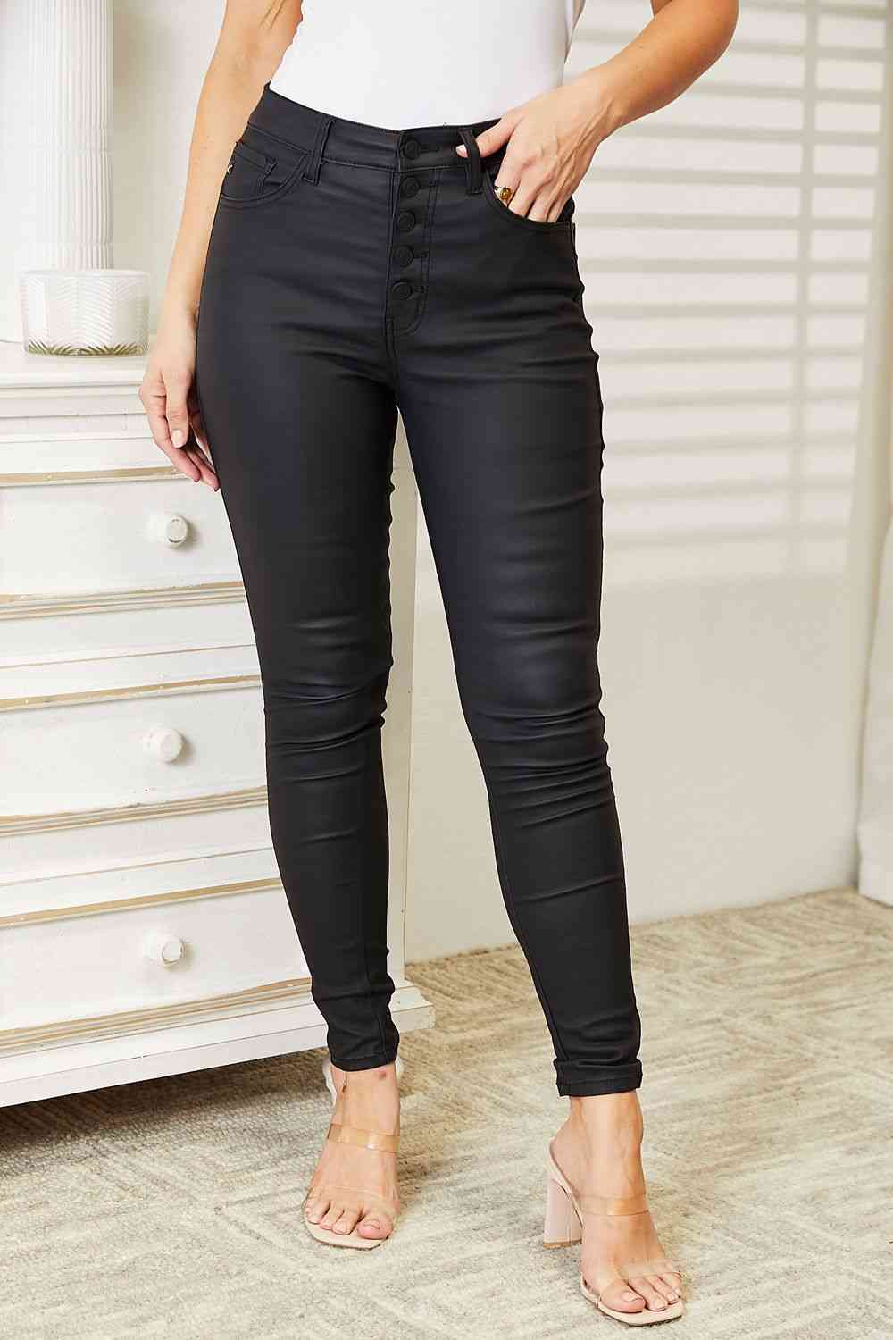 Full Size High Rise Black Coated Ankle Skinny Jeans - Body By J'ne