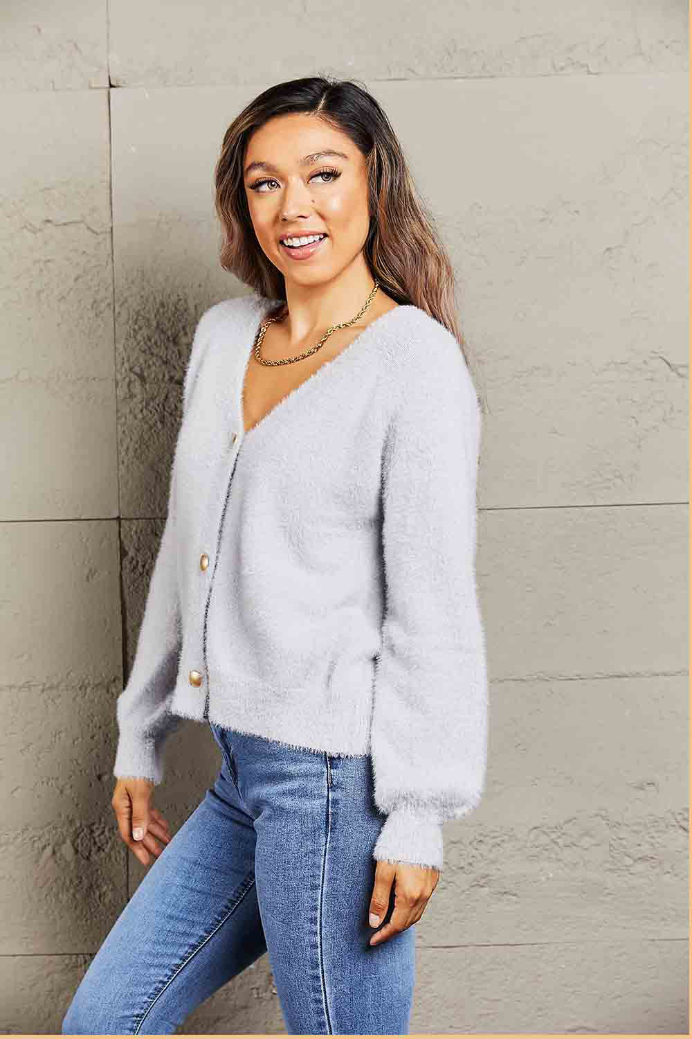 Fuzzy Long Sleeve Button Down Cardigan - Body By J'ne