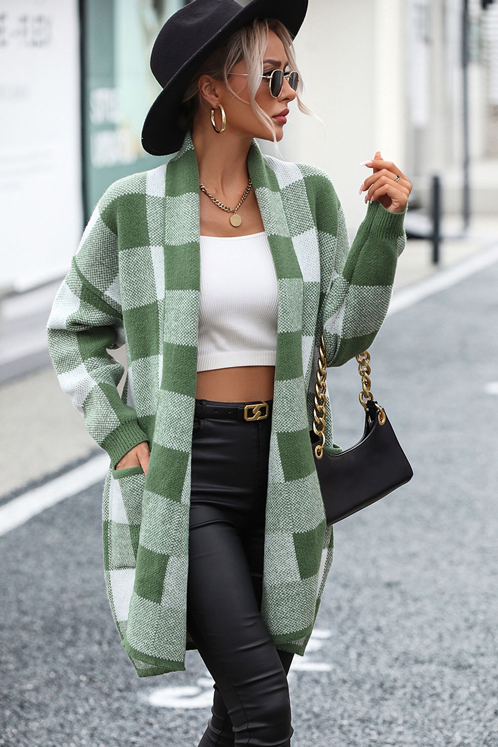Plaid Dropped Shoulder Cardigan with Pocket - Body By J'ne
