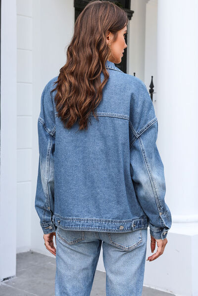 Button Up Dropped Shoulder Denim Jacket with Pockets - Body By J'ne