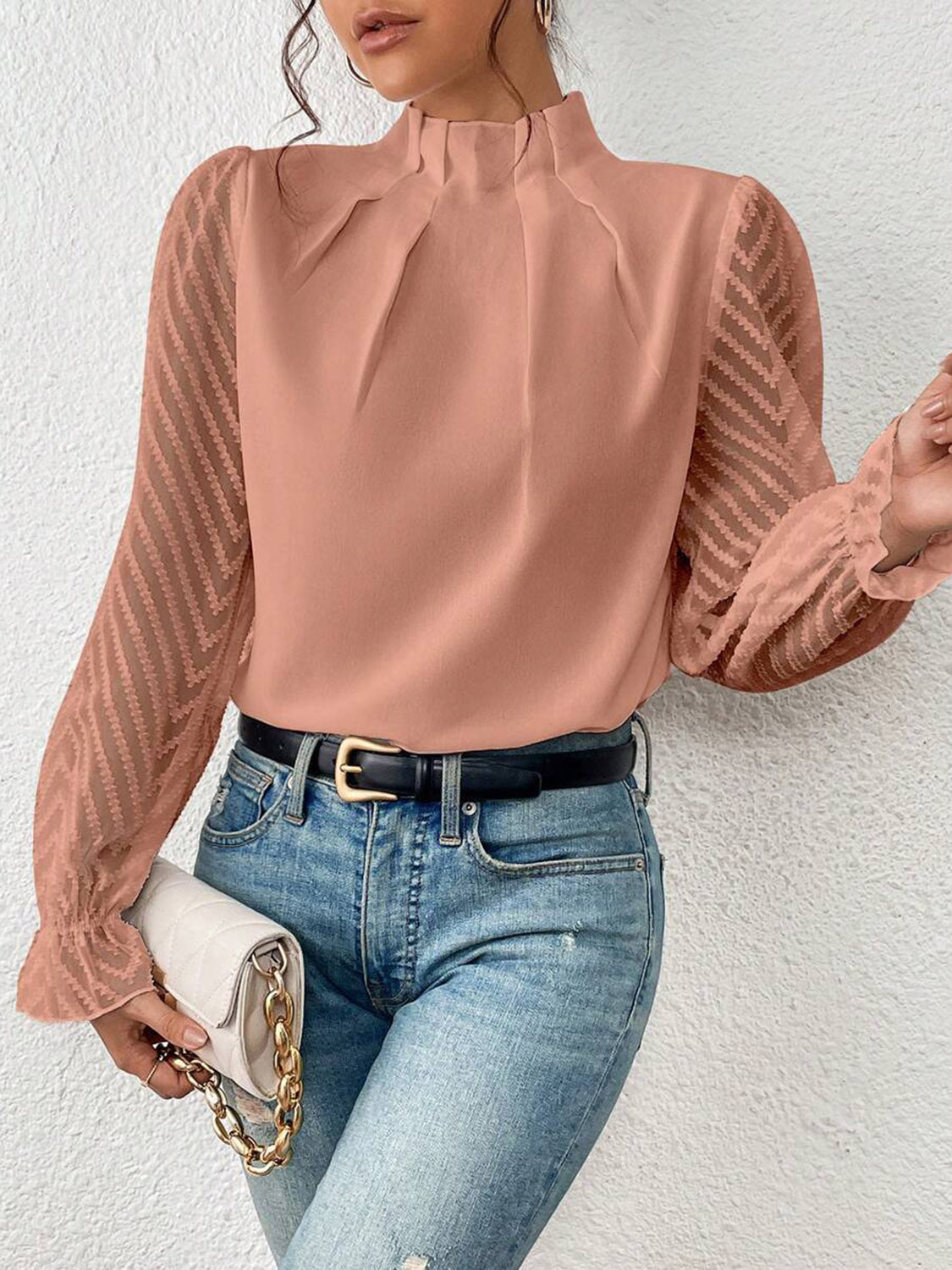 Mock Neck Flounce Sleeve Blouse - Body By J'ne