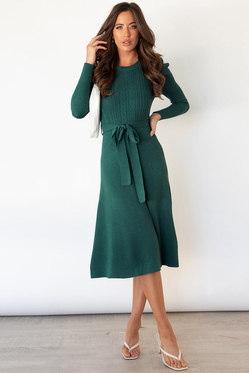 Round Neck Long Sleeve Tie Waist Sweater Dress - Body By J'ne