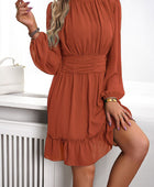 Frill Ruched Mock Neck Balloon Sleeve Dress - Body By J'ne