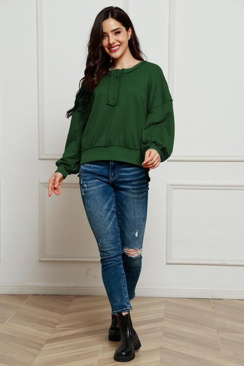 Exposed Seam Half Button Long Sleeve Sweatshirt - Body By J'ne