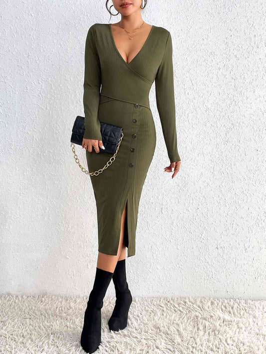 Buttoned Surplice Neck Slit Dress - Body By J'ne