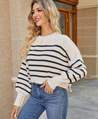 Round Neck Striped Lantern Sleeve Sweater - Body By J'ne