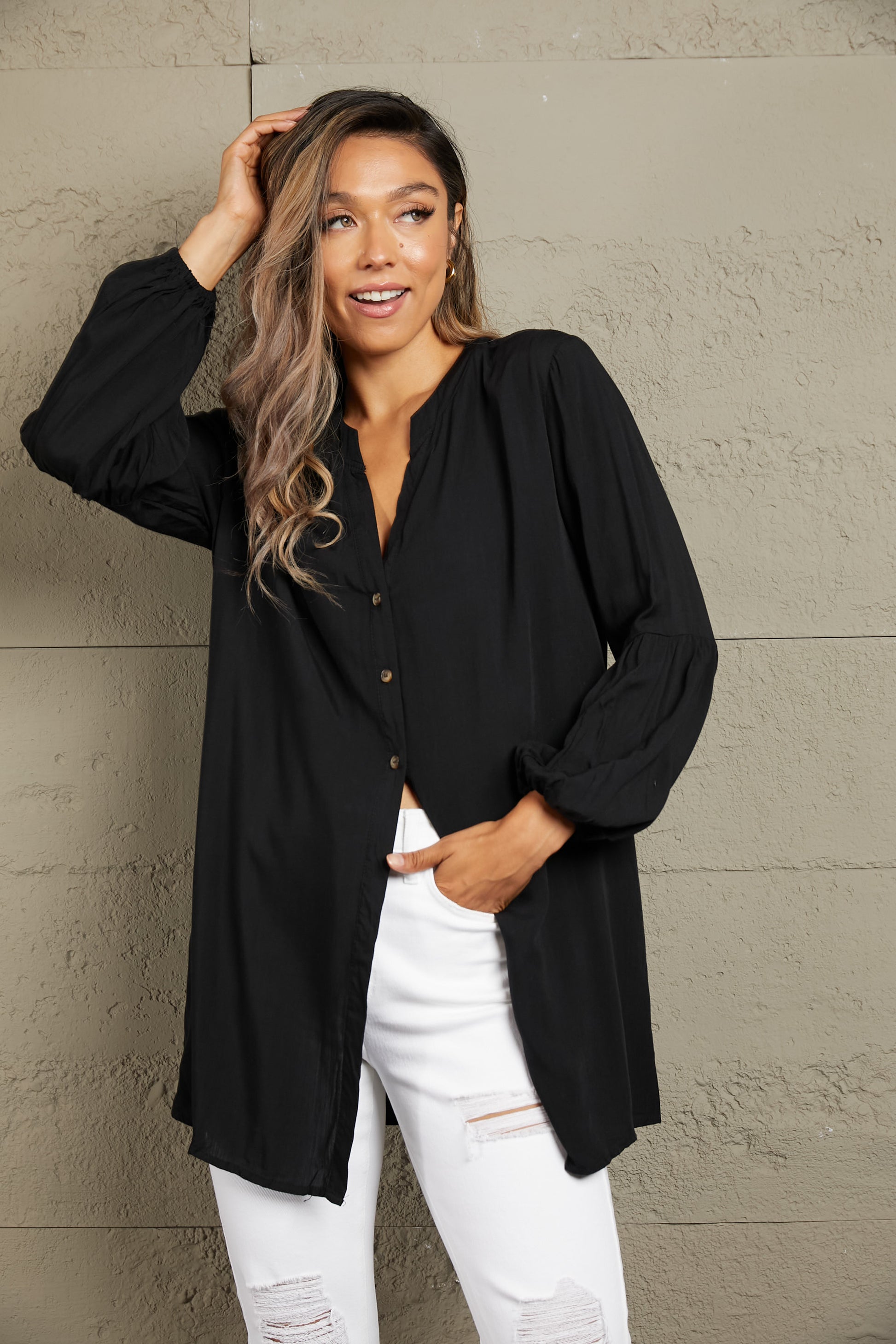 Notched Neck Balloon Sleeve Shirt - Body By J'ne