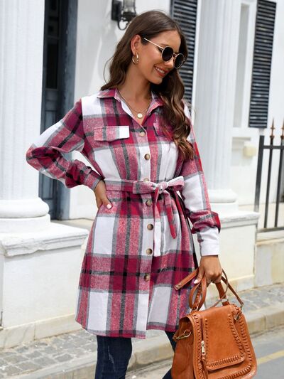 Plaid Belted Collared Neck Button Up Jacket - Body By J'ne