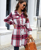 Plaid Belted Collared Neck Button Up Jacket - Body By J'ne