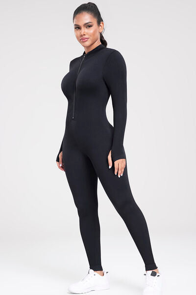 Zip Up Ribbed Long Sleeve Skinny Active Jumpsuit - Body By J'ne