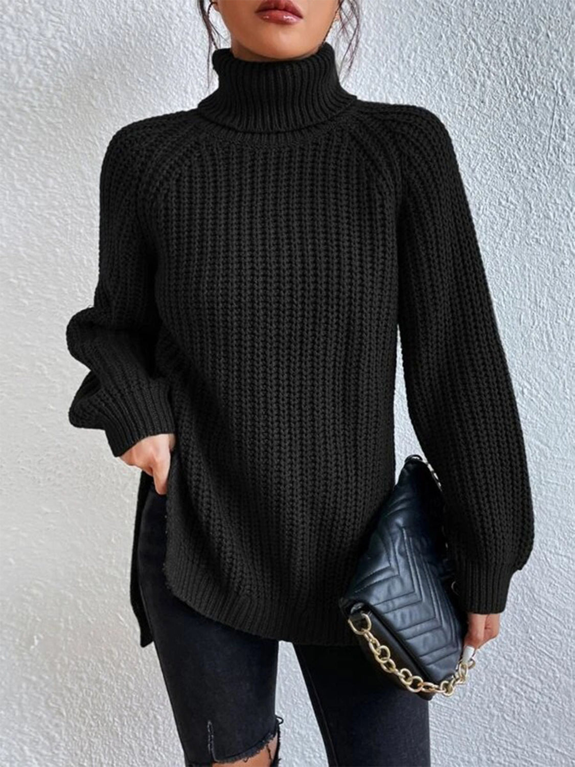Full Size Turtleneck Rib-Knit Slit Sweater - Body By J'ne