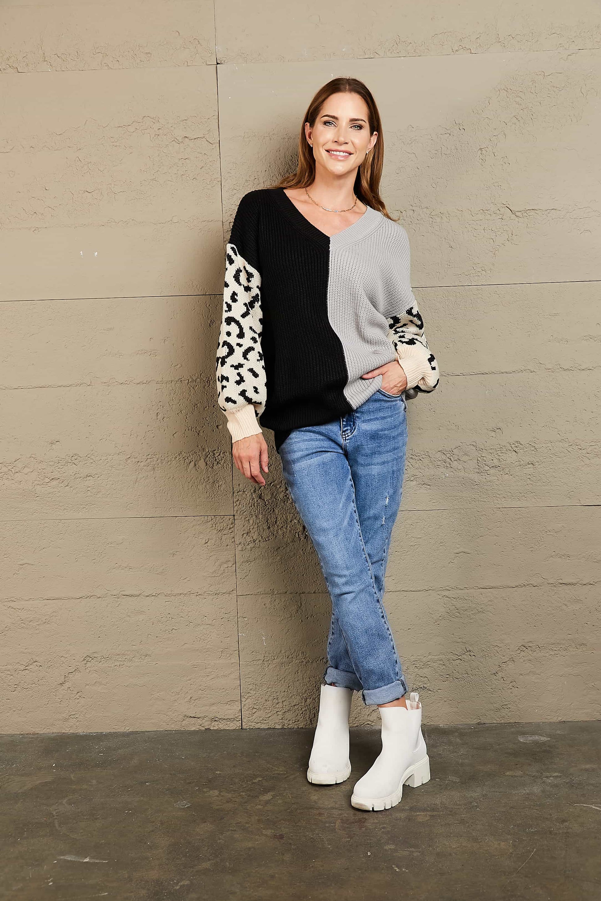 Leopard Color Block V-Neck Tunic Pullover Sweater - Body By J'ne