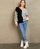 Leopard Color Block V-Neck Tunic Pullover Sweater - Body By J'ne