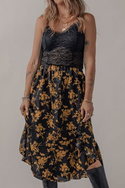Floral Buttoned Ruffle Hem Skirt - Body By J'ne