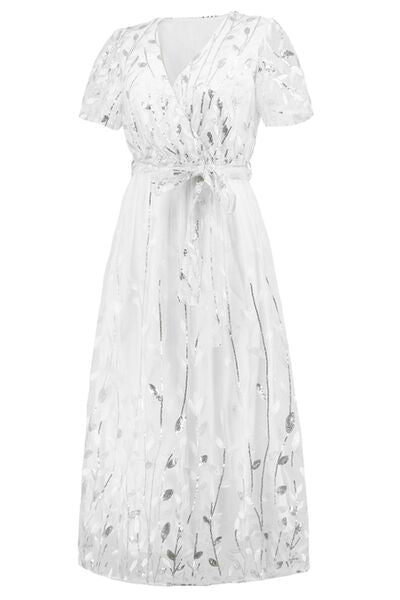 Sequin Leaf Embroidery Tie Front Short Sleeve Dress - Body By J'ne