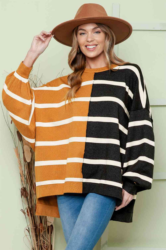 Striped Dropped Shoulder Round Neck Blouse - Body By J'ne