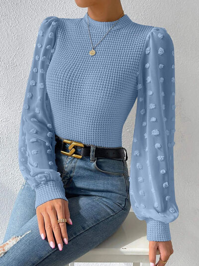 Swiss Dot Waffle-Knit Lantern Sleeve T-Shirt - Body By J'ne