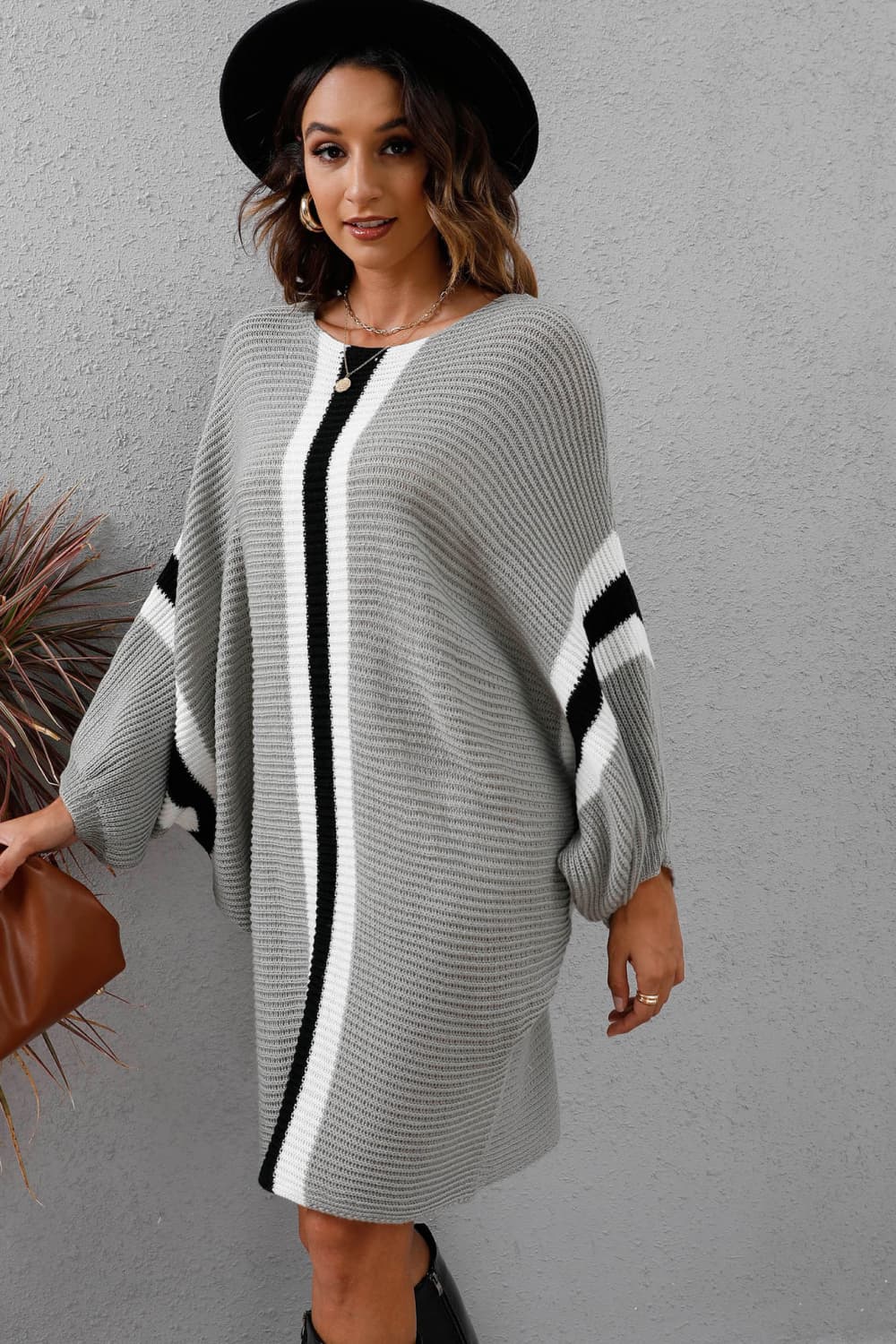 Ribbed Round Neck Long Sleeve Sweater Dress - Body By J'ne