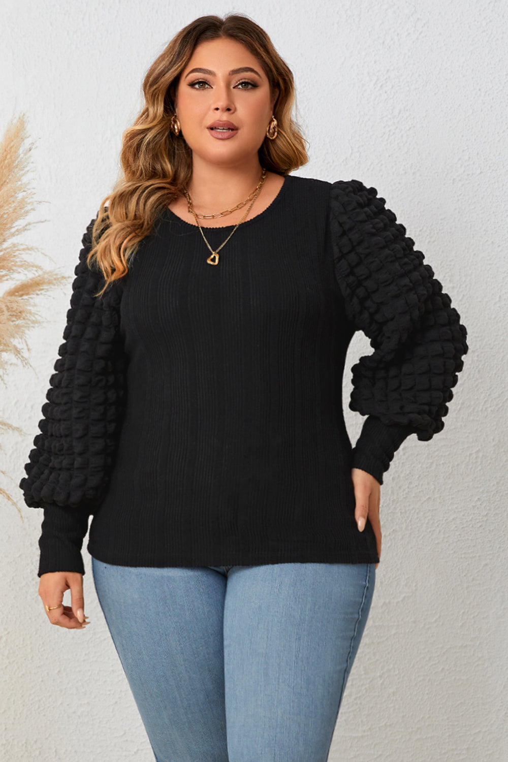 Plus Size Round Neck Lantern Sleeve Blouse - Body By J'ne