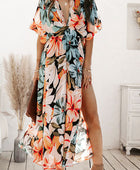 Plunge Split Printed Short Sleeve Dress - Body By J'ne