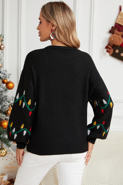 Round Neck Pattern Lantern Sleeve Sweater - Body By J'ne