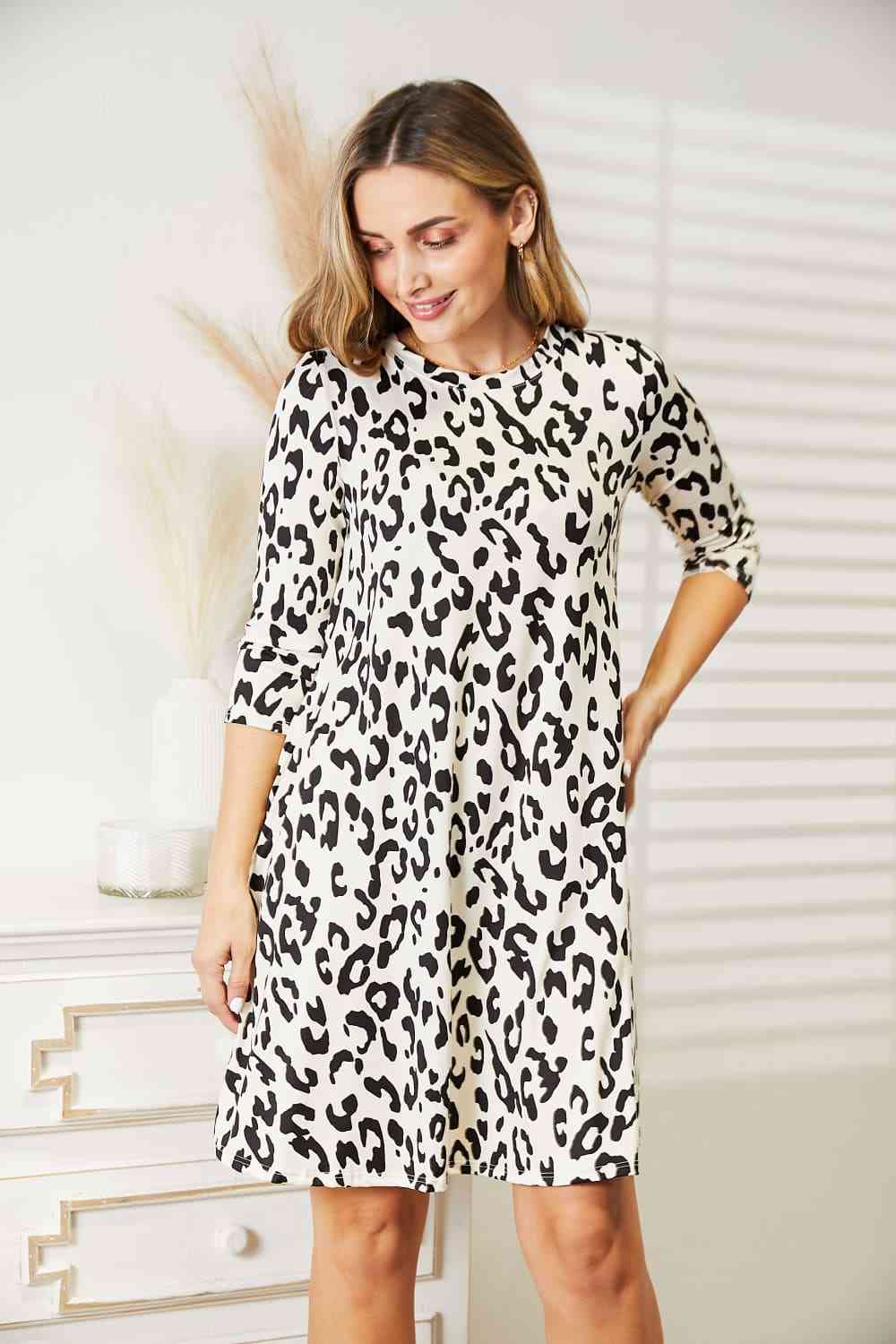 Full Size Leopard Three-Quarter Sleeve Dress with Pockets - Body By J'ne