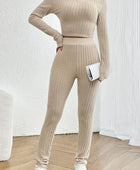 Ribbed V-Neck Long Sleeve Cropped Top and Pants Set - Body By J'ne